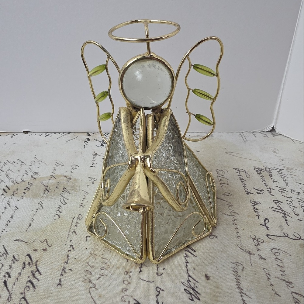 Clear & Green Stained Glass Angel Figurine Votive Candle Holder Christmas